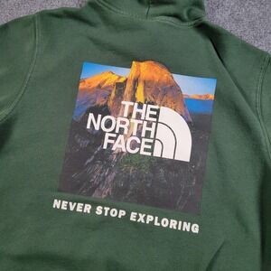 The North Face Hoodie Mens Small Green Pullover Fleece Sweatshirt Graphic Back